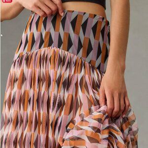 Anthropologie Let Me Be Drop Waist Flounce Skirt Geometric Print Size LG